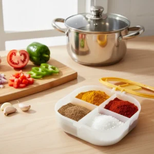 Spice kit on kitchen counter with spices and pot