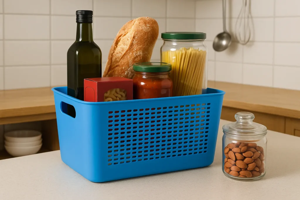 Plastic container holding bread, pasta, oil, and kitchen groceries on countertop
