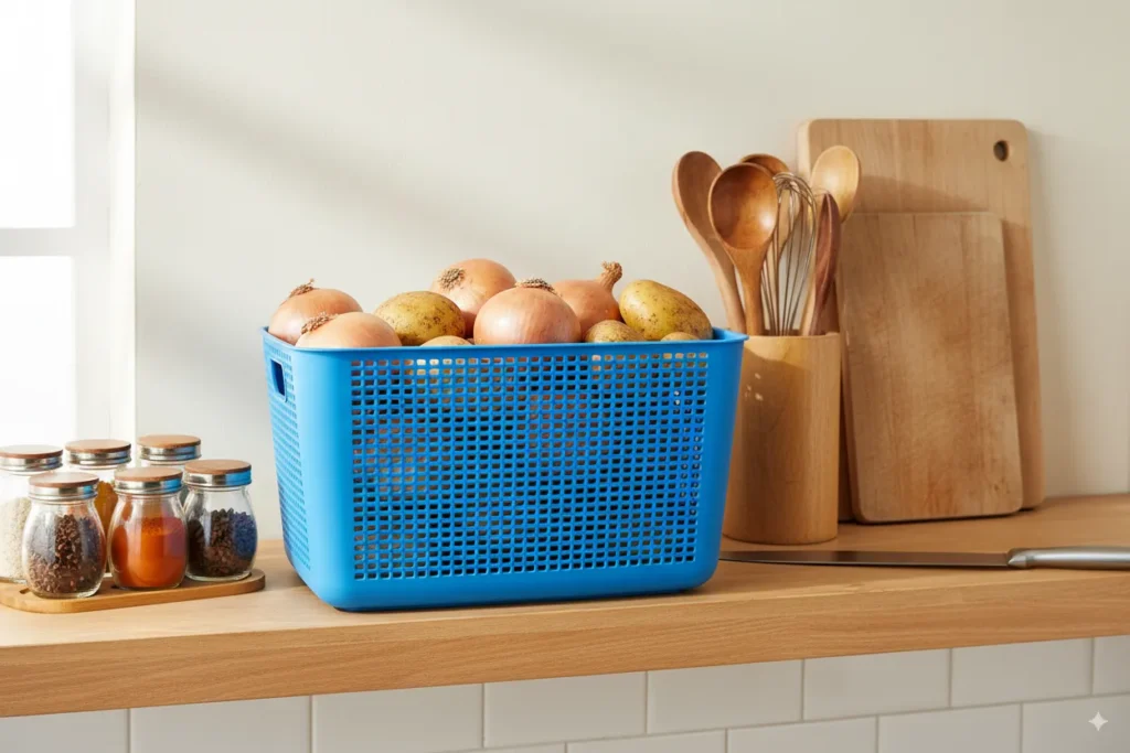 Blue plastic storage basket filled with onions and potatoes on kitchen shelf