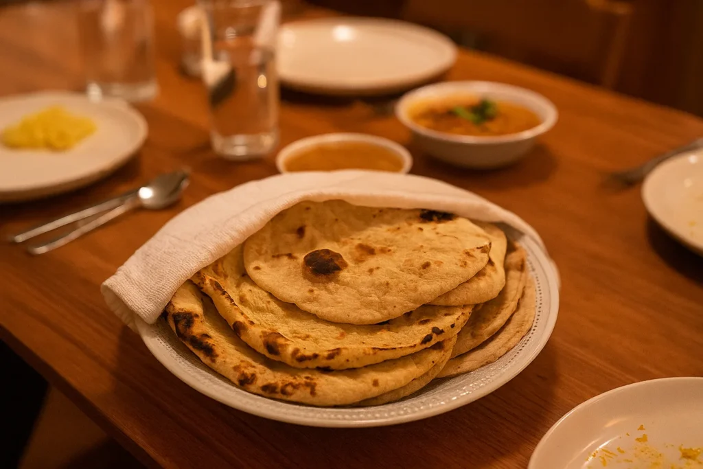 Roti and naan served in round chabhi basket with cloth cover