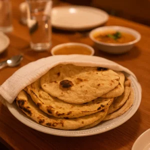 Roti and naan served in round chabhi basket with cloth cover