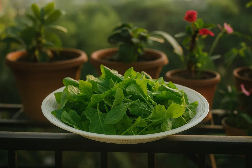 Round chabhi basket filled with fresh green vegetables