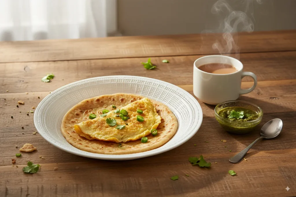 Paratha with omelet served in round chabhi basket on dining table