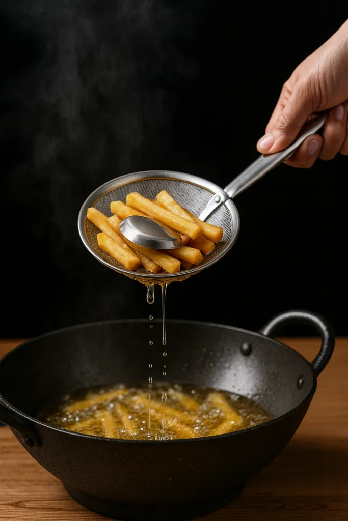 Oil strainer tong lifting French fries from frying pan
