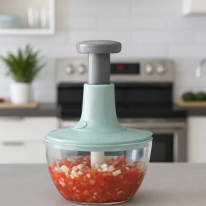 Compact push-down chopper chopping broccoli on kitchen counter