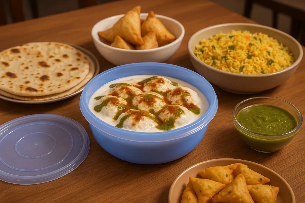 Plastic bowl with lid filled with dahi bhalla and served with parathas and snacks