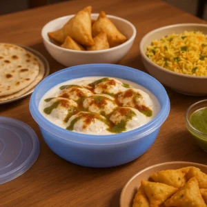 Plastic bowl with lid filled with dahi bhalla and served with parathas and snacks