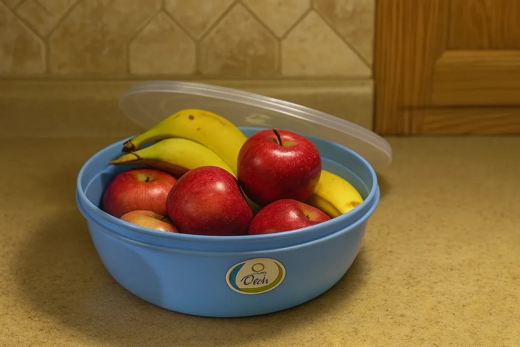 Round plastic bowl with apples and bananas in kitchen