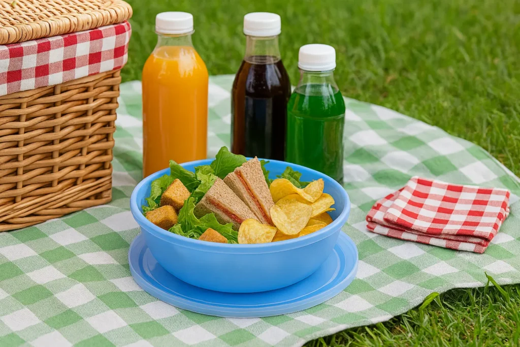 Blue food storage bowl with sandwiches and chips on picnic blanket