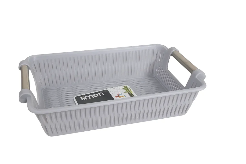 Rectangular grey plastic storage basket with wooden handles – multipurpose home organizer