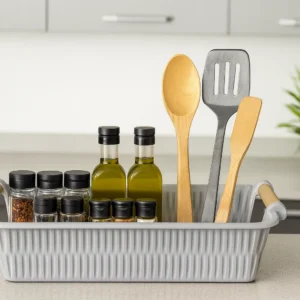 Kitchen storage basket with wooden handles holding oil bottles and cooking utensils