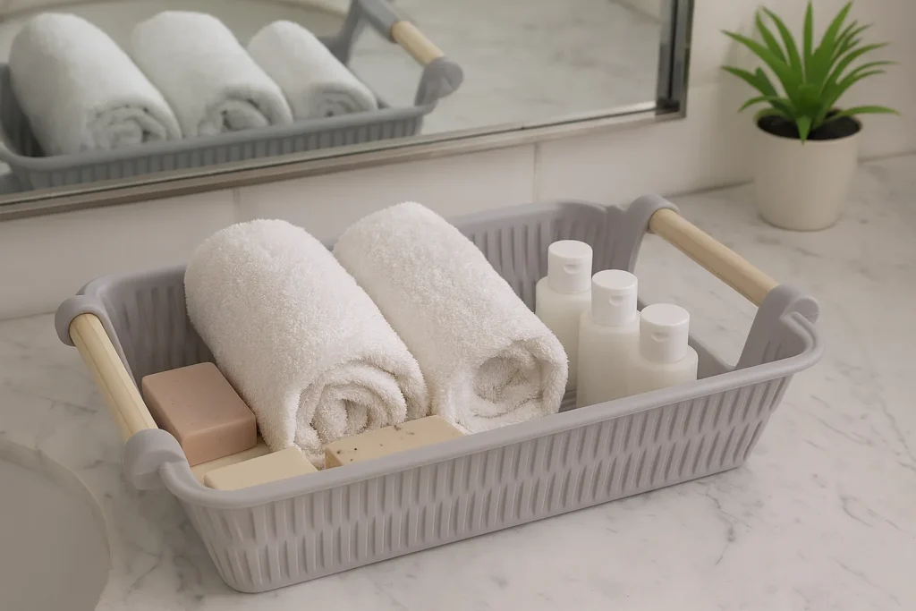 Bathroom storage basket with towels, soap, and toiletries