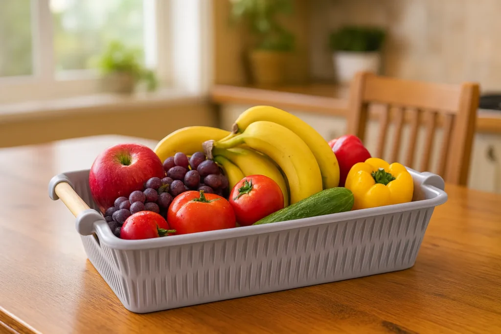 Fruit basket with bananas, apples, grapes, tomatoes, and vegetables