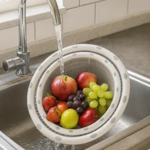 Fruit washing basket under running water with apples, grapes, strawberries, and lemon