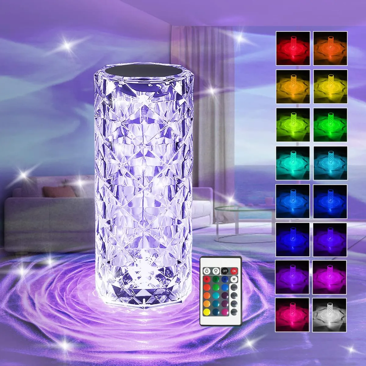 Crystal diamond lamp showing 16+ color lighting options with remote