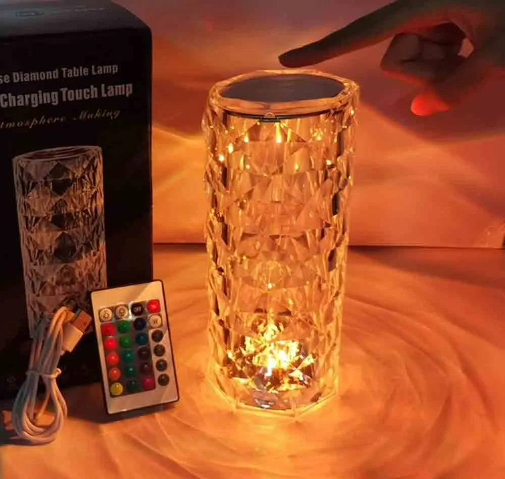 Rechargeable LED crystal table lamp with remote, USB cable, and box
