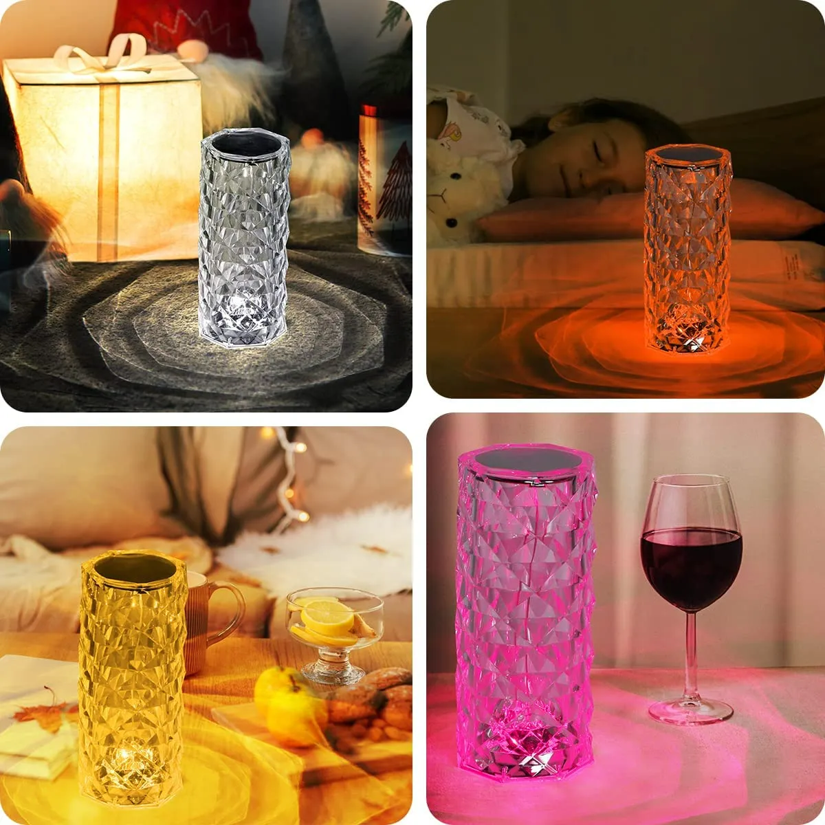 Crystal touch lamp glowing pink beside wine glass for romantic dinner
