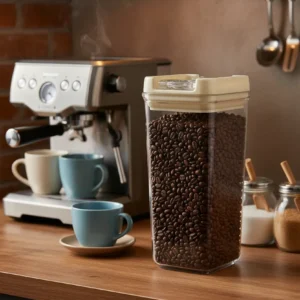 Airtight jar for coffee beans storage on wooden counter.