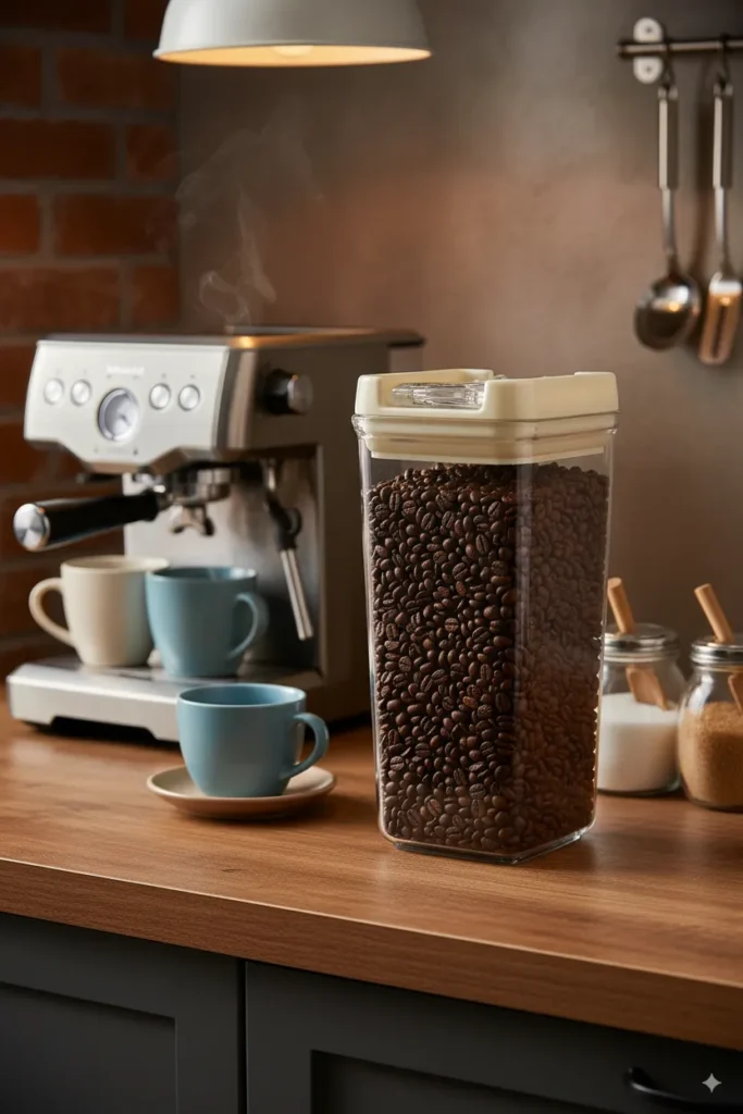 Airtight jar for coffee beans storage on wooden counter.