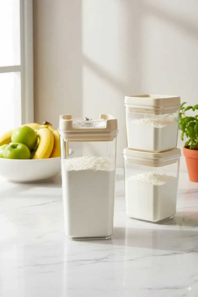 Stackable airtight storage jars with flour inside on marble countertop.