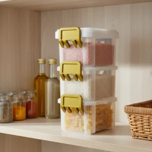 Pantry food storage containers with golden clips storing rice, pasta, and pulses