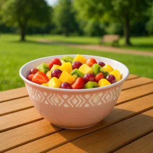 Pink salad bowl with fruits on outdoor picnic table