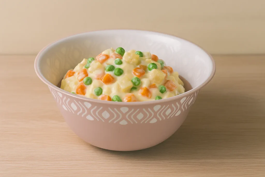 Pink serving bowl filled with creamy Russian salad