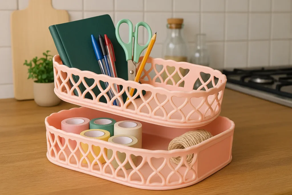 Pink decorative basket with heart cut-out design on wooden table.