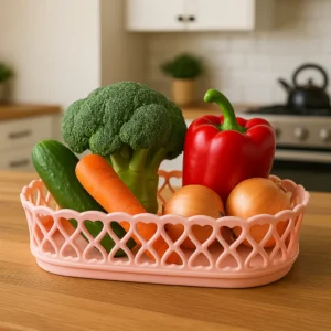 Pink heart basket filled with fresh vegetables (broccoli, carrot, bell pepper).