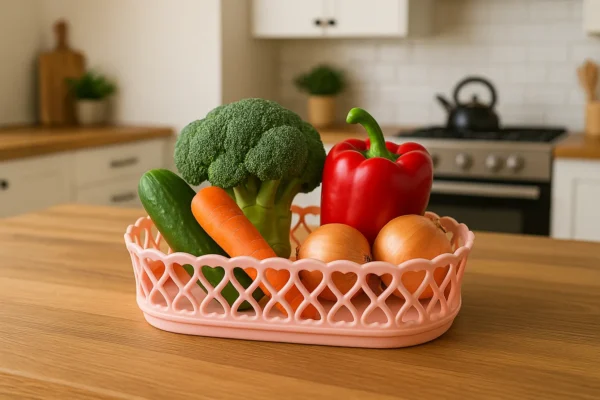 Pink heart basket filled with fresh vegetables (broccoli, carrot, bell pepper).