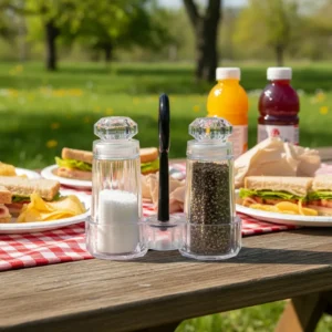 Crystal salt and pepper shakers on picnic table with sandwiches and drinks
