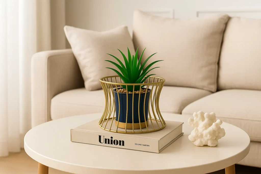 Tall golden wire-frame planter with artificial green plant in black pot