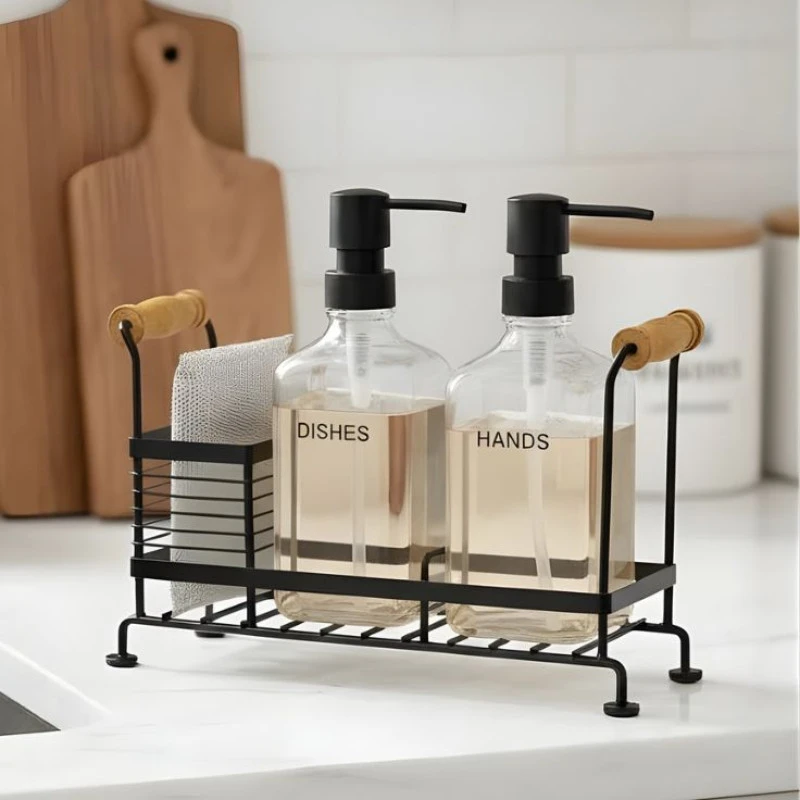 Limon Twin Glass Liquid Dispensers Set With Stand and Sponge - Image 2