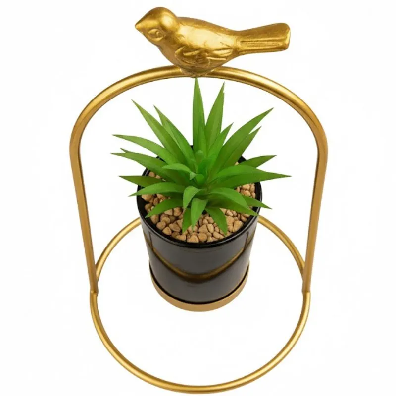 Golden Metal Bird Pot with Ceramic Plant - Image 3