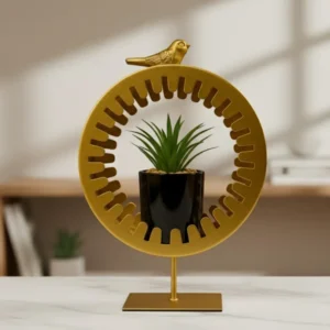 Golden Metal Bird Pot with Ceramic Cactus