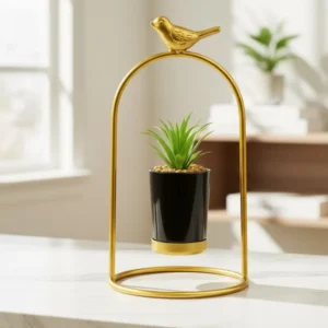 Golden Metal Bird Pot with Ceramic Plant