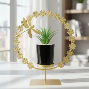 Golden Metal Dragonfly & Floral Pot with Ceramic Plant