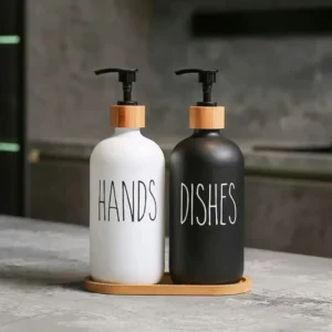 Glass Hand & Dish Soap Dispenser Set With Wooden Base