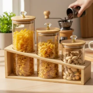 Glass Jar Set with Wooden Stand