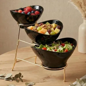 Melamine 1 Large, 1 Medium, And 1 Small Black Lotus Bowls With Golden Stand