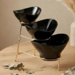 Melamine 1 Large, 1 Medium, And 1 Small Black Lotus Bowls With Golden Stand
