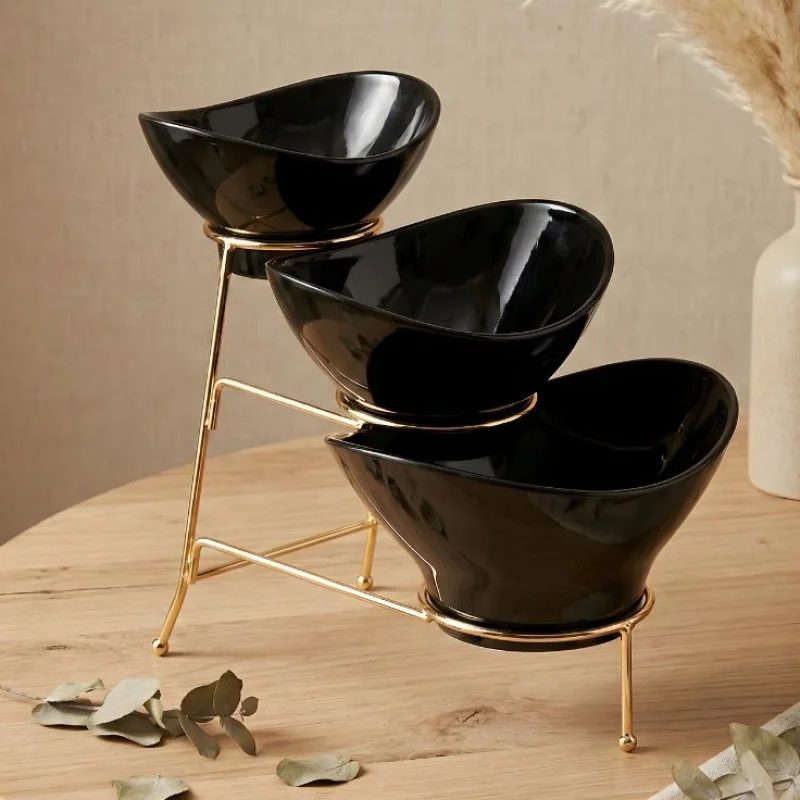 Melamine 1 Large, 1 Medium, And 1 Small Black Lotus Bowls With Golden Stand - Image 2