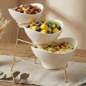 Melamine 1 Large, 1 Medium, And 1 Small White Lotus Bowls With Golden Stand