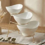 Melamine 1 Large, 1 Medium, And 1 Small White Lotus Bowls With Golden Stand