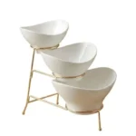 Melamine 1 Large, 1 Medium, And 1 Small White Lotus Bowls With Golden Stand