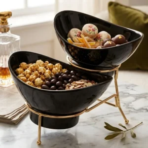 Melamine 1 Medium And 1 Small Black Lotus Bowls With Golden Stand