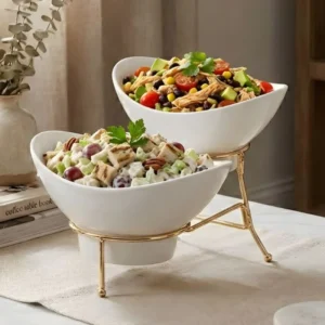 Melamine 1 Medium And 1 Small White Lotus Bowls With Golden Stand