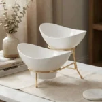 Melamine 1 Medium And 1 Small White Lotus Bowls With Golden Stand