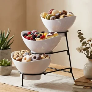 Melamine 2 Medium And 1 Small White Lotus Bowls With Black Stand