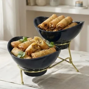 Melamine 2 Small Black Lotus Bowls With Golden Stand